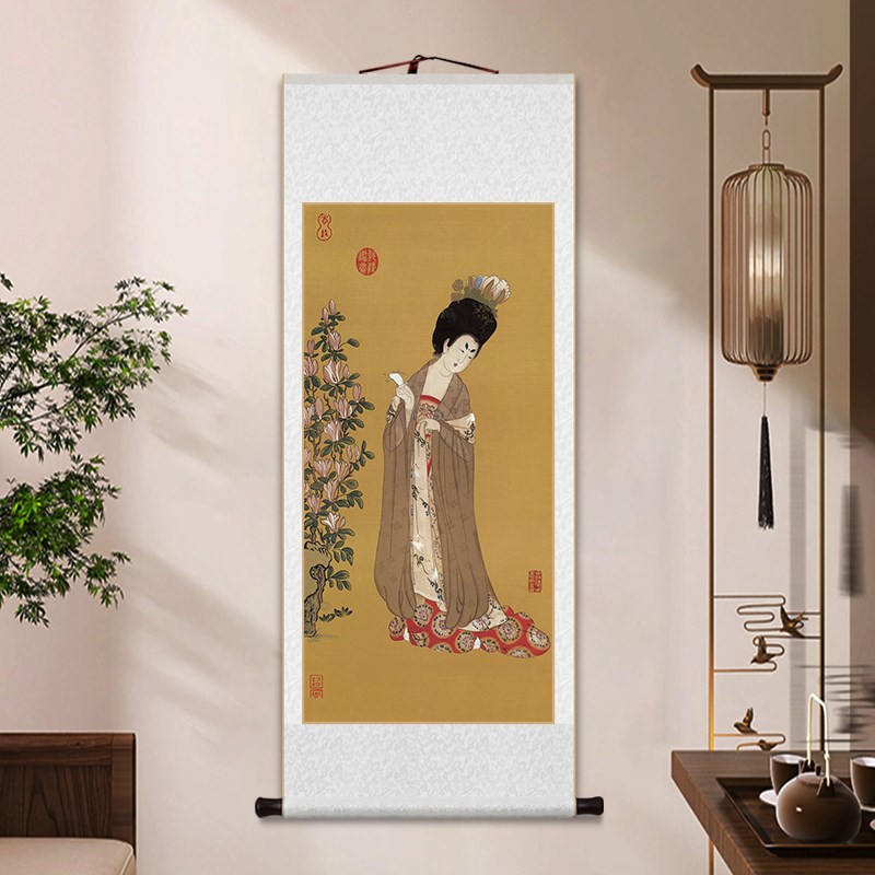 名家春阁倦读卷轴簪花仕女图挂画新中式客厅装饰画书房茶室玄关画