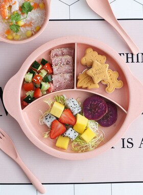 小麦秸秆儿童餐具套装宝宝吃饭碗防摔防烫分格盘子幼儿园餐盘叉勺