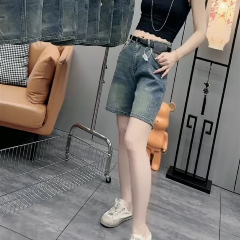 蓝色阔腿牛仔五分裤子女2024夏季薄款大码梨形高腰宽松显瘦直筒裤