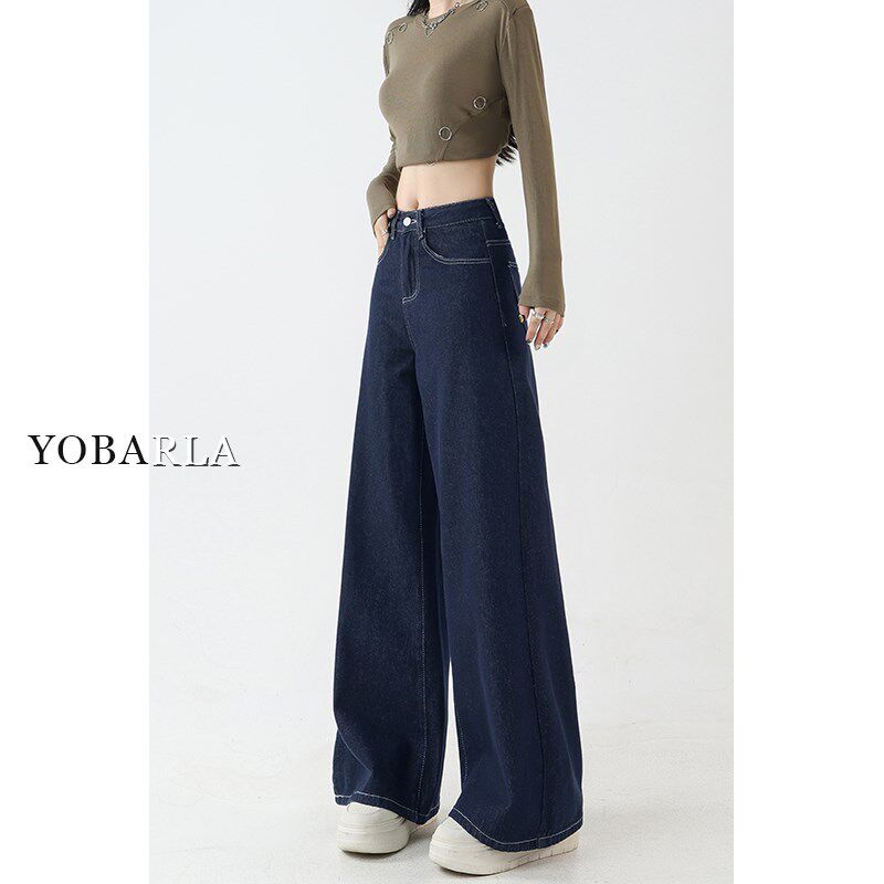 深蓝色直筒牛仔裤女秋冬加绒高腰大码胖mm宽松显瘦梨形身材阔腿裤