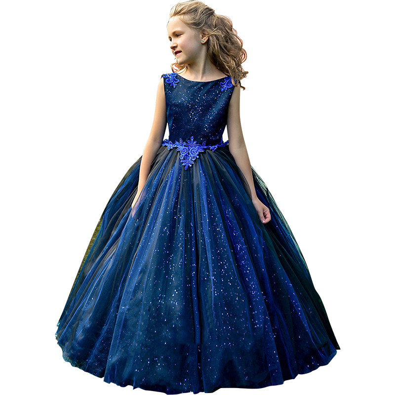 蓝色儿童礼服女童洋气拖尾公主裙模特走秀主持人钢琴演奏演出服