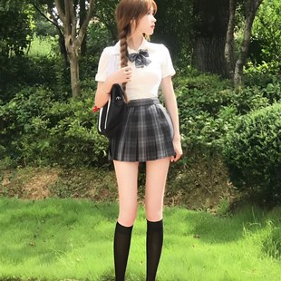 夏季 学院风狗短jk制服收腰白色衬衫 衬衣格裙套装 女辣妹修身 短袖