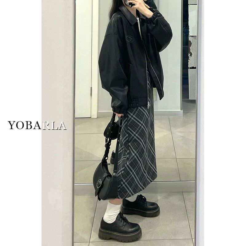 格子大码半身裙女春秋高腰显瘦胖mm遮肚子梨形身材中长款a字裙子