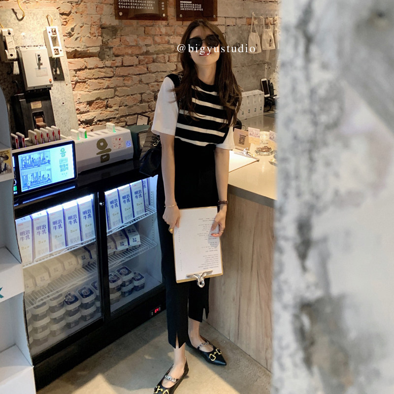 bigyu 小前开叉~梨形腿粗B入 超显瘦 夏季薄款黑色直筒烟管西装裤