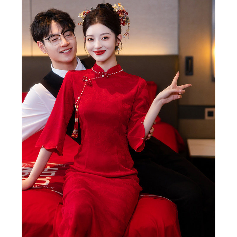 旗袍敬酒服酒红色结婚回门2025新款新中式婚服订婚小礼服裙女秋季