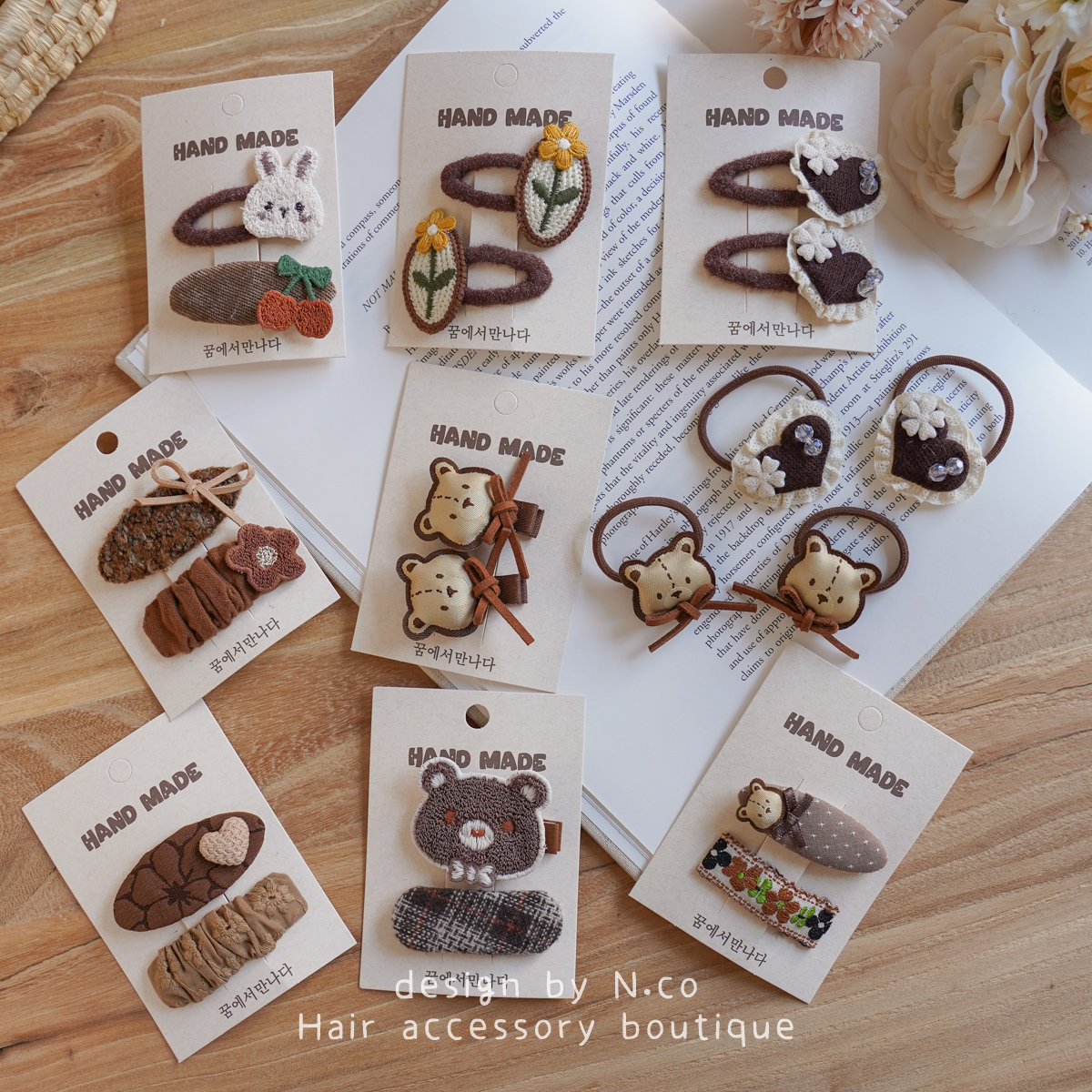 韩版卡通咖色系小熊儿童发夹可爱百搭小女孩发卡爱心花朵布艺头饰