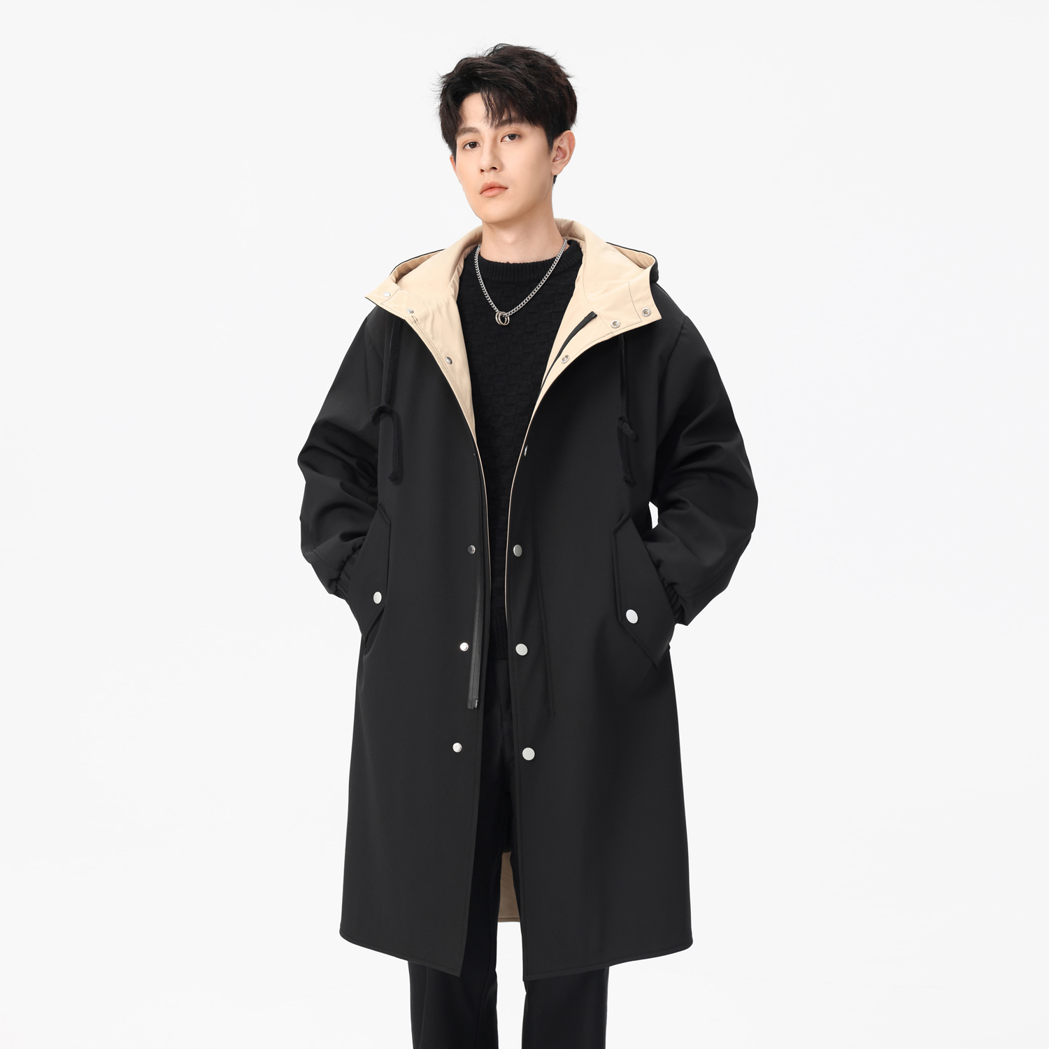 中长款撞色风衣男单排扣连帽外套