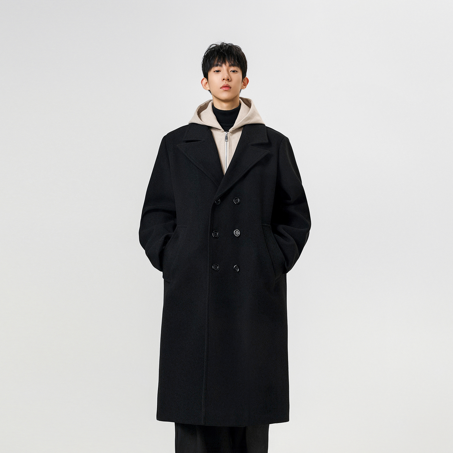 假两件呢料外套男中长款毛呢大衣