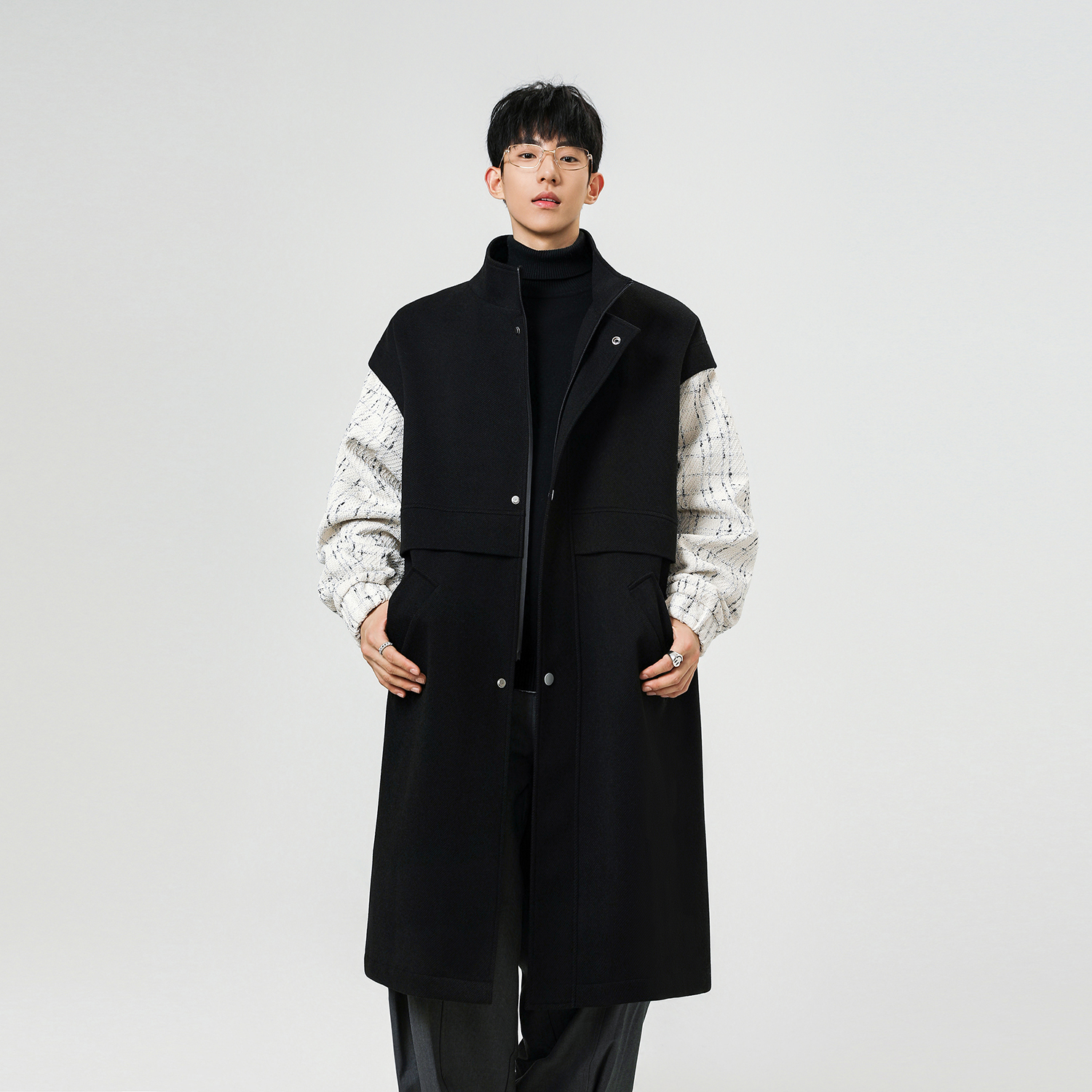 假两件毛呢大衣男中长款呢子外套