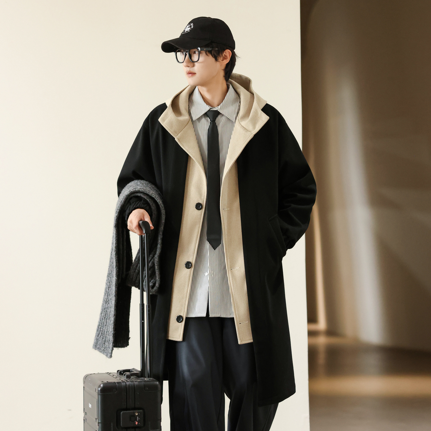 假两件过膝毛呢外套男士连帽大衣