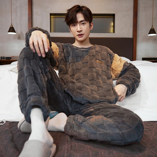 新款珊瑚绒睡衣男士加厚款青少年