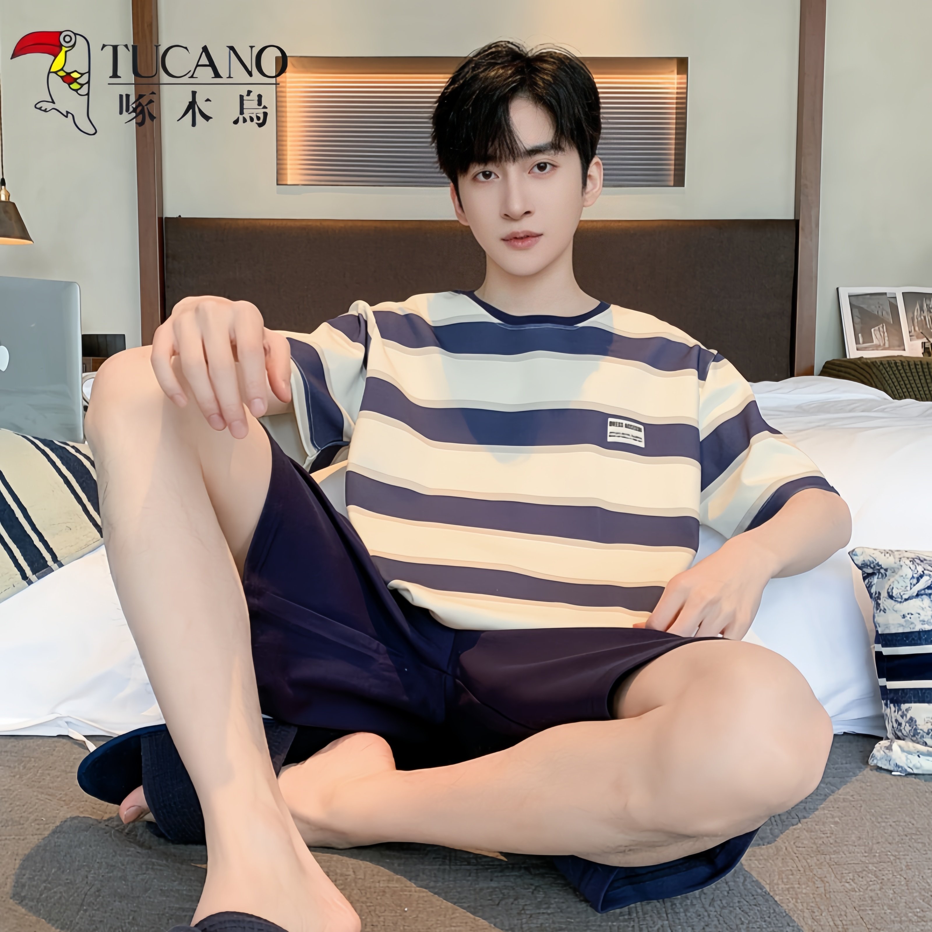 啄木鸟睡衣男款夏季薄款纯棉短袖短裤两件套男士夏天可外穿家居服