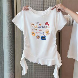 女童短袖t恤2026新款夏季纯棉超好看小衫儿童荷叶边短款修身上衣