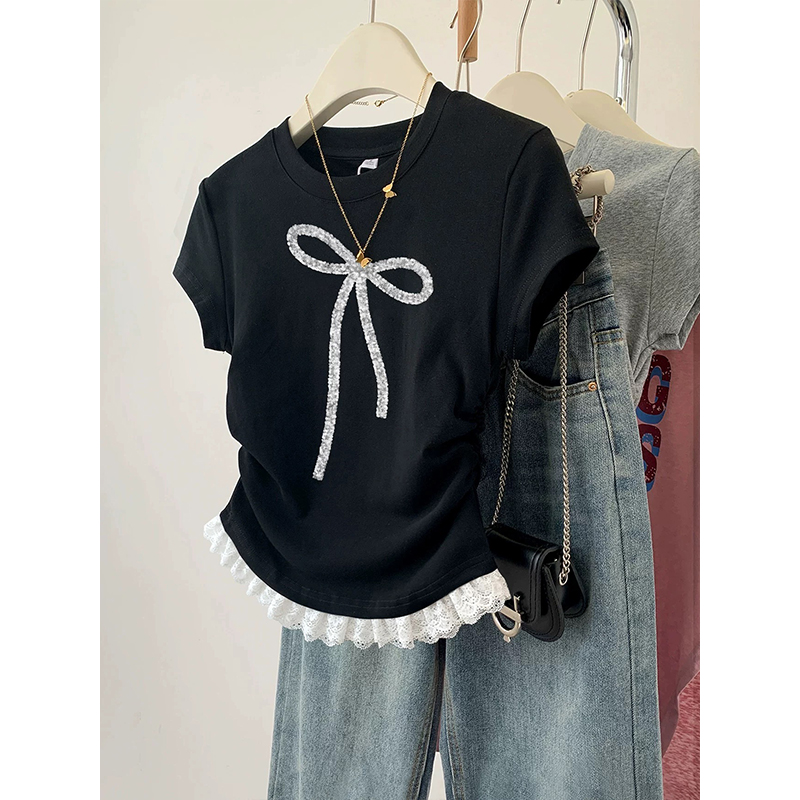 【赠运费险】拼接蕾丝T恤夏季