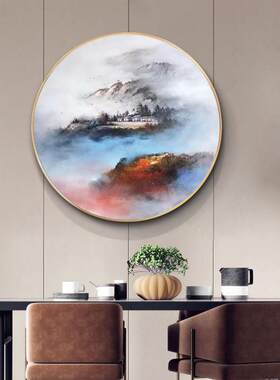 新款直销纯手绘圆形风景油画新中式客厅入户玄关装饰画手工绘制成