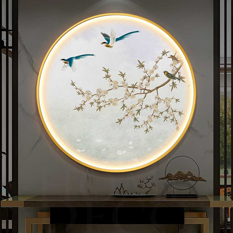 新款直销新中式圆形LED装饰画客厅玄关入户挂画壁灯喜上眉梢卧室