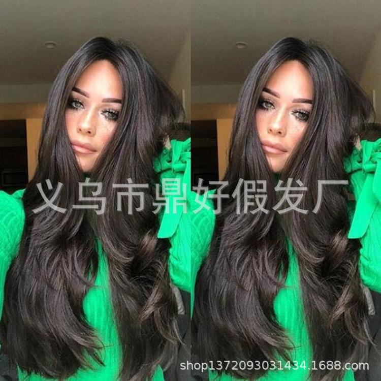 新款直销新款欧美假发厂时尚女士 中分长卷发 黑色自然卷发 长发