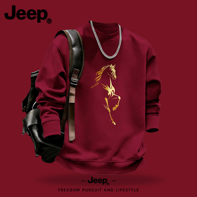 Jeep吉普酒红色圆领卫衣男女士春秋新款男生美式衣服高级潮流上衣