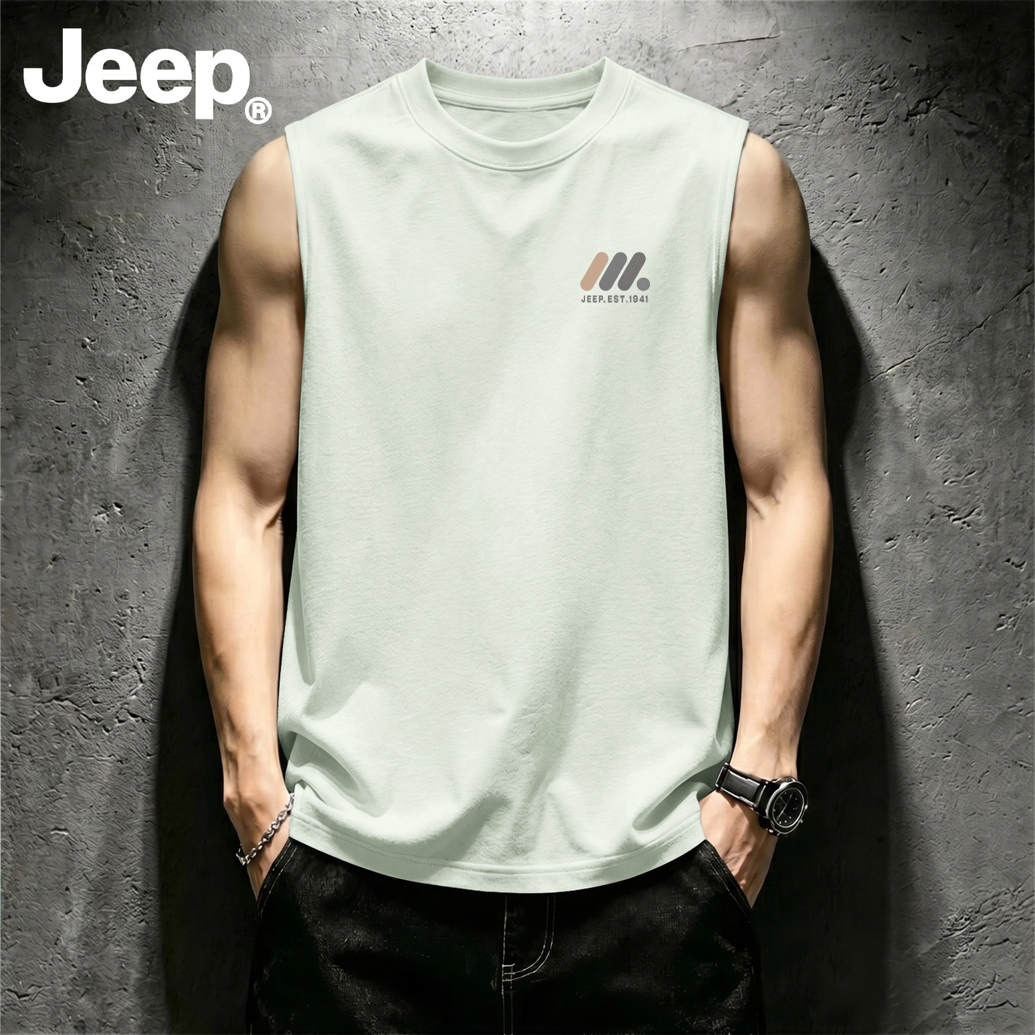 Jeep纯棉男夏季透气运动背心