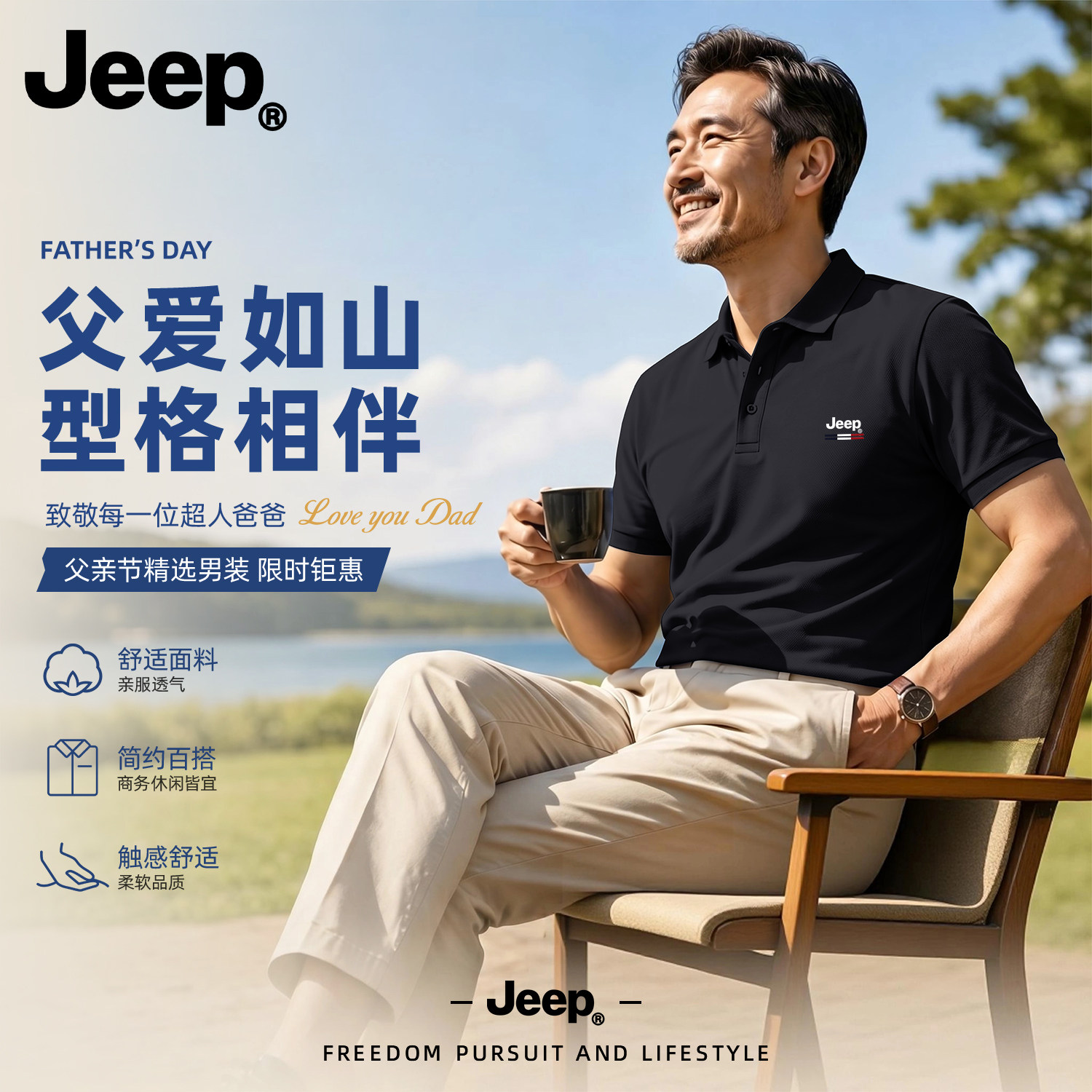 Jeep吉普男士Polo衫2026新款官方正品男装爸爸父亲节网眼透气T恤