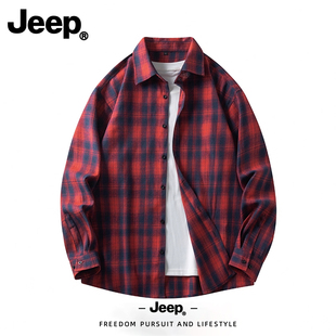 Jeep吉普格子衬衫男款2025新款长袖衬衣外套春秋翻领潮流宽松百搭