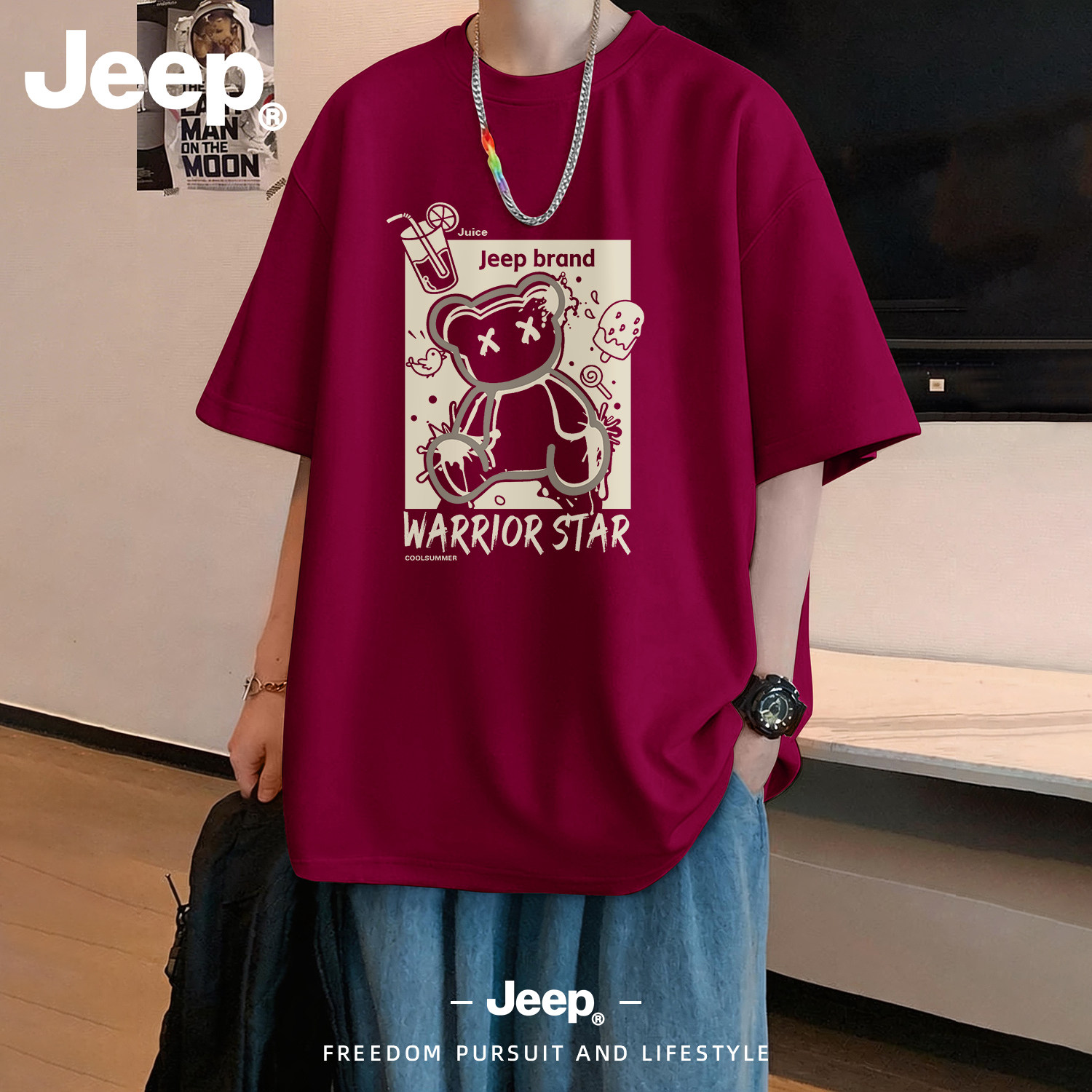 Jeep吉普男士上衣纯棉高质量短袖T恤百搭宽松五分袖潮流衣服夏季