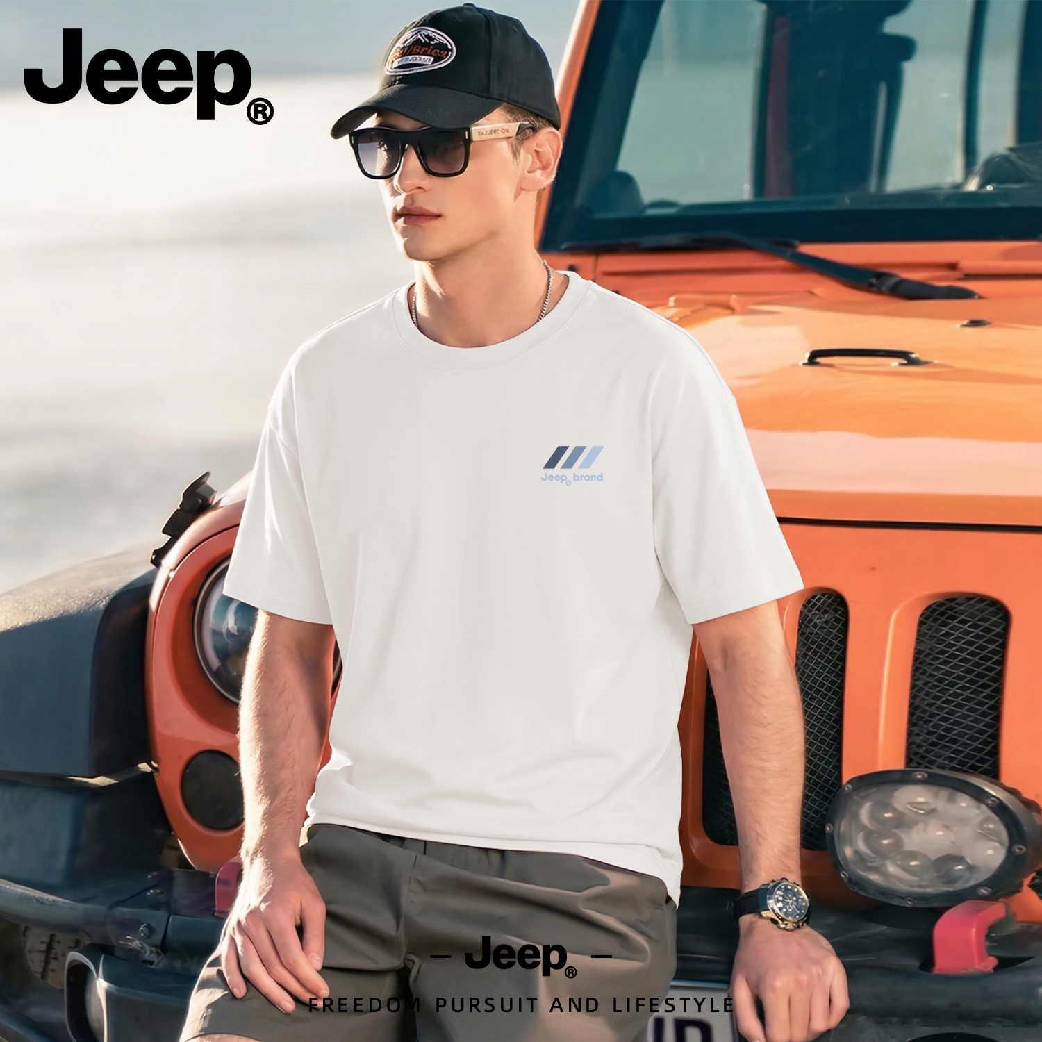 Jeep吉普纯棉短袖T恤美式夏季新款重磅男士上衣套头半袖休闲衣服