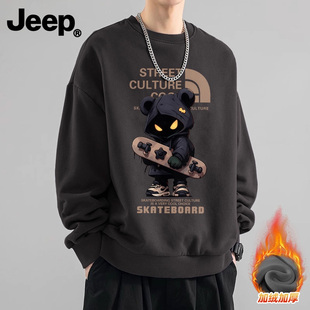 Jeep/吉普男士圆领卫衣美式加绒加厚秋冬套头长袖潮牌卡通上衣服