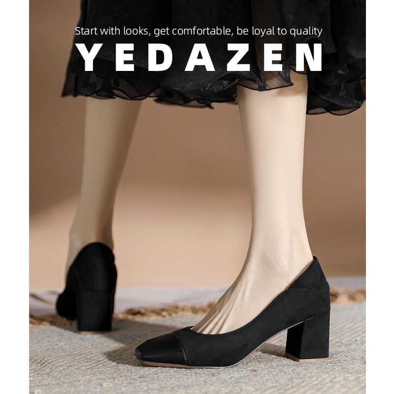 绒面黑色方头高跟鞋高级感不累脚职业工作鞋2025新款拼接粗跟单鞋
