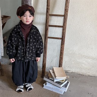 暮晨家新款冬装2024男童高领坑条打底衫中小童加厚洋气内搭毛衣