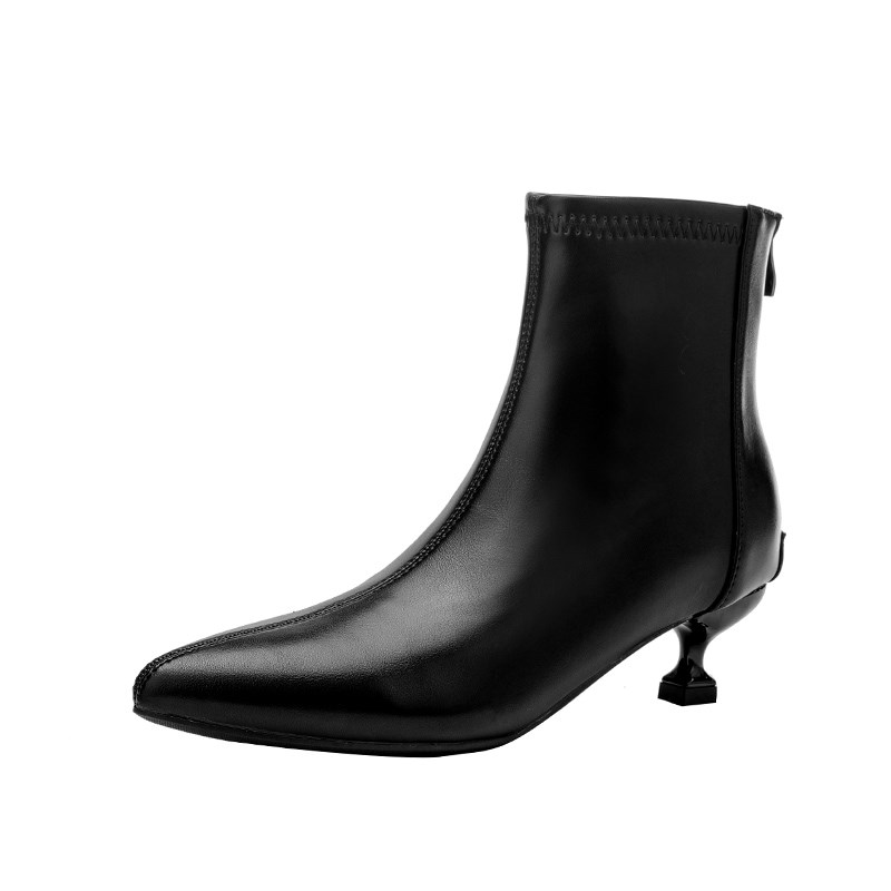 黑色小跟短靴女3cm细跟尖头2024秋冬高跟工作鞋单靴裸靴软高跟鞋