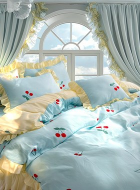 天蓝色公主风床裙4四件r套少女心柔软透气助眠床品双人床单被套夏
