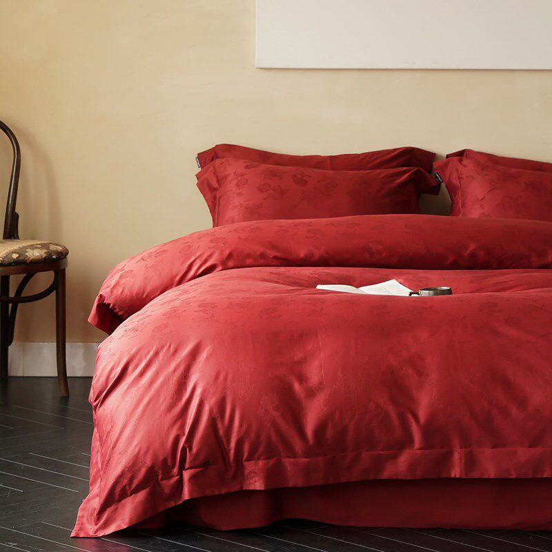 中式婚庆床品套件大红色喜庆全棉磨毛基础提花玫瑰四件套秋冬保暖