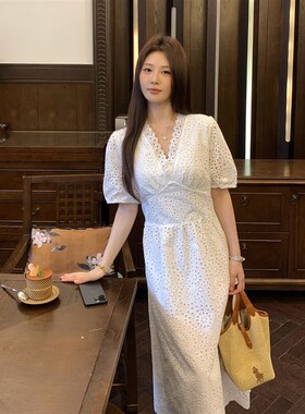 NAZ那子大尺码夏季G棉布凤尾花气质V领蕾丝镂空胖mm洋派时尚洋装