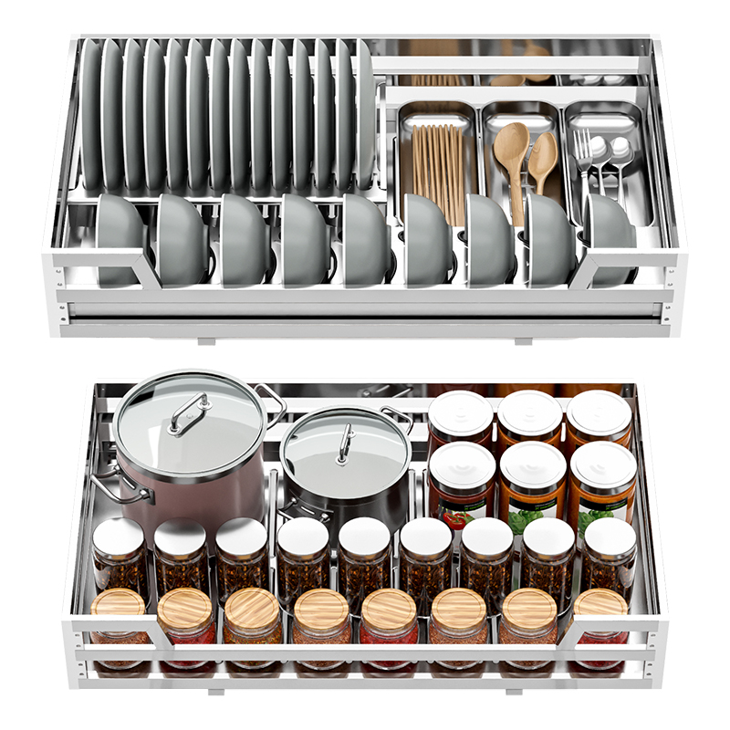 碗碟拉篮厨房橱柜304不锈钢双层抽屉式碗架收纳方管厨柜碗篮柜内