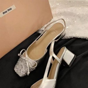 法式 仙女风晚晚粗跟银色百搭高跟鞋 包头凉鞋 新款 潮 女2024夏季 时尚