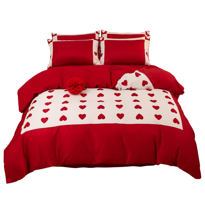 婚庆四件套大红全棉喜庆被套床单新结婚房稼礼床上用品公主风爱心