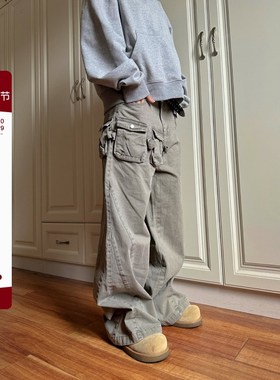 F383 2e025做旧水洗百搭显瘦直筒宽松多口袋阔腿vibe工装裤男女in