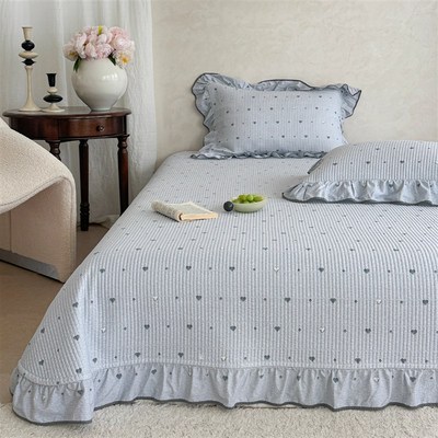 法国心大蕾丝棉沙洗床罩三件套少女心纯棉防滑四季床单套装