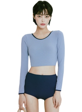 蓝色大门-W小调长袖运动遮肚显瘦平角裤三件套温泉游泳衣女新款