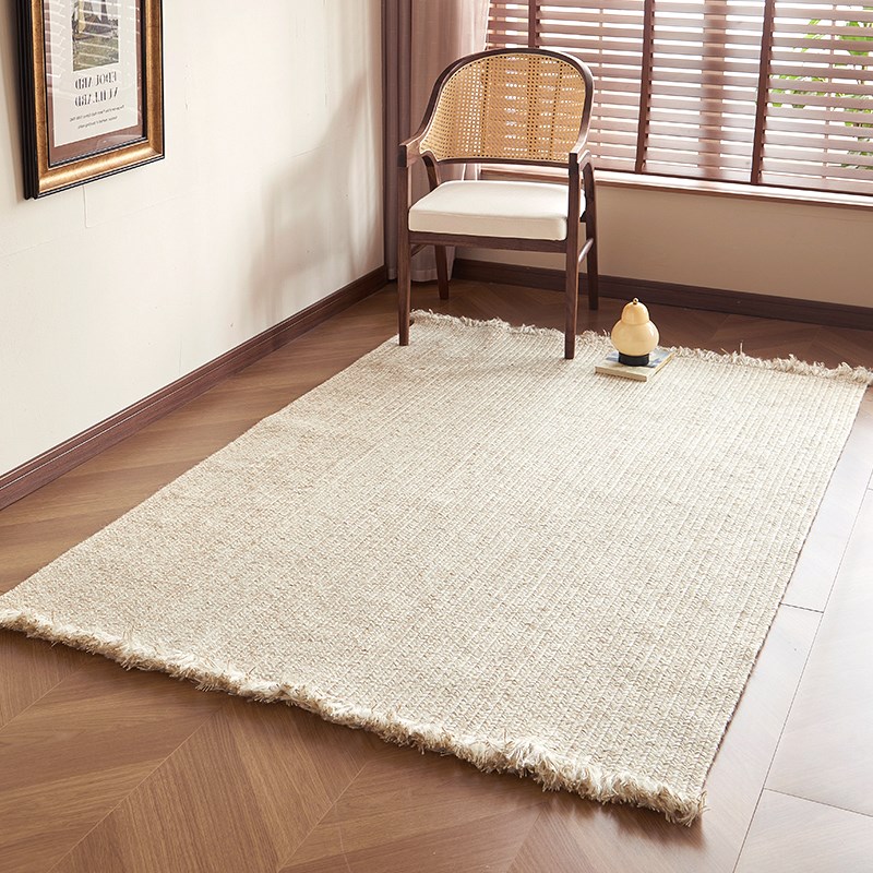 手工编织黄麻方形地毯沙发客厅家用奶油风高级床边卧室无胶流苏毯