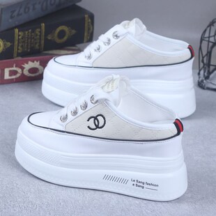 一脚蹬 女厚底内增高10CM懒人鞋 皮面包头半拖鞋 女2024年春夏小白鞋