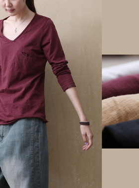 竹节棉 V领长袖小宽松T恤 女式纯色 纯棉 黑色白色 C188