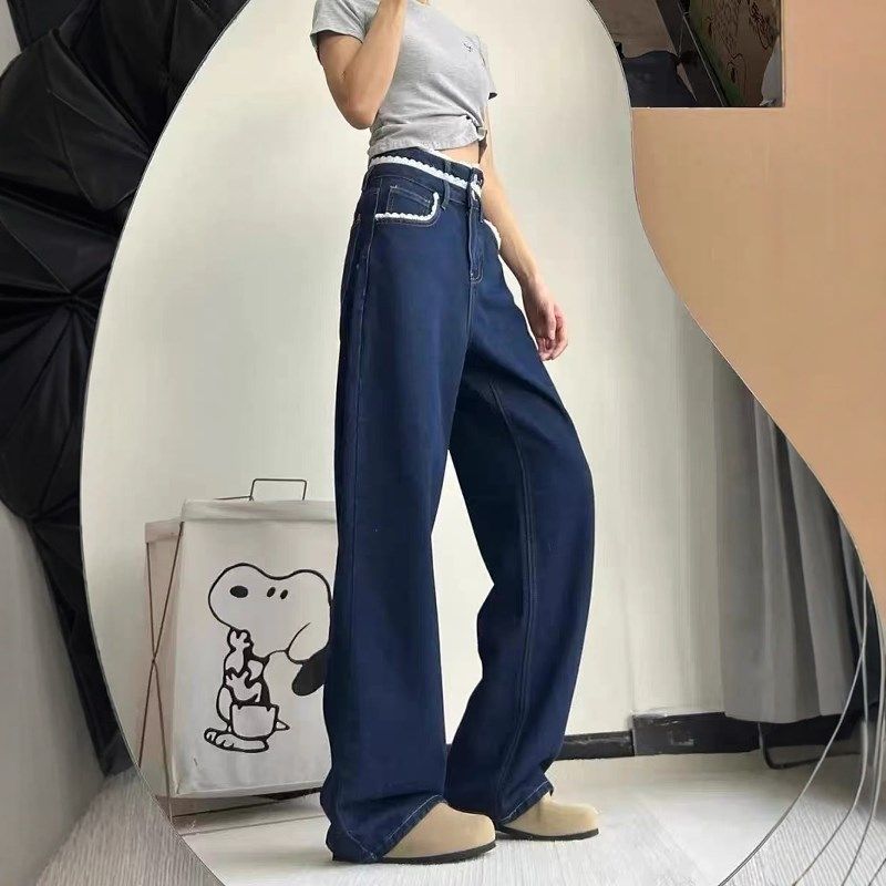 双腰头蕾丝拼接深蓝色牛仔裤女2025秋季设计感高腰宽松阔腿长裤子