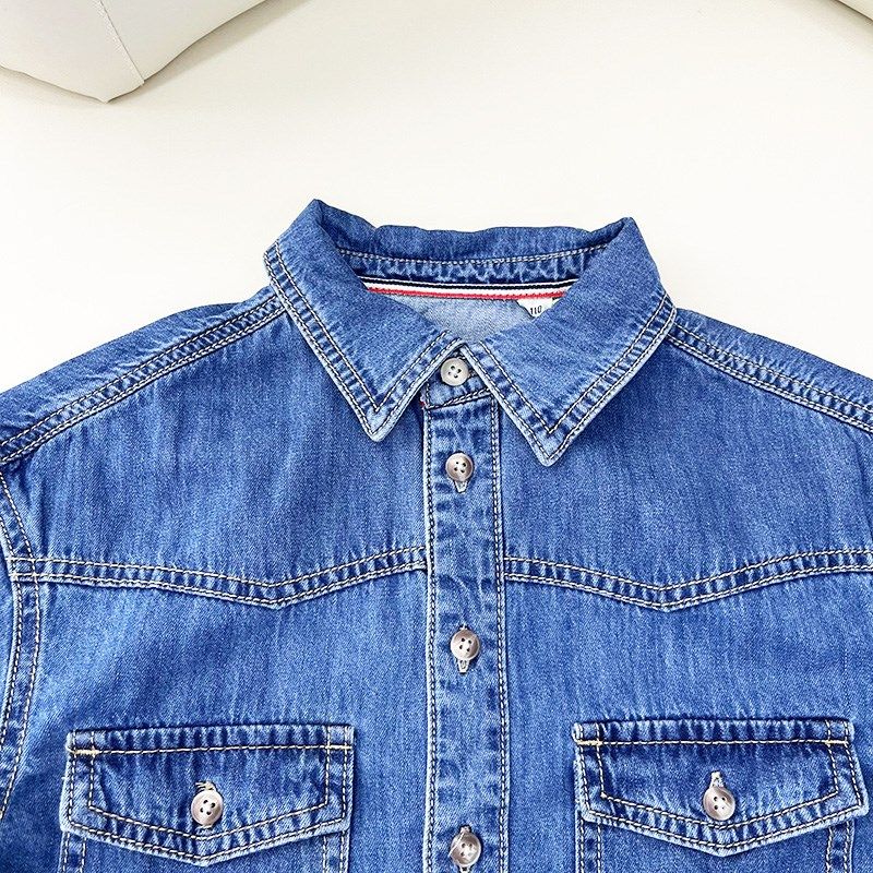 男孩牛仔衬衫中大童翻领纯棉衬衣