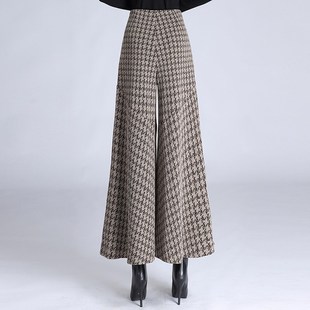 高腰休闲裤 女秋冬季 垂坠加厚宽腿裤 甩裤 格子毛呢阔腿裤 保暖裤 裙裤