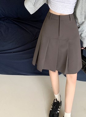 灰色百褶中裙小个子设计感半身裙春夏大码胖m高腰显瘦学院风A字裙