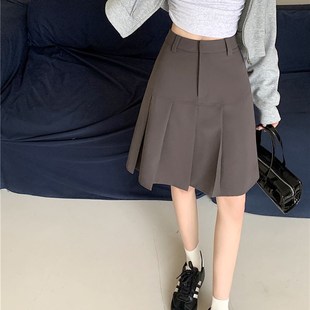 灰色百褶中裙小个子设计感半身裙春夏大码 胖m高腰显瘦学院风A字裙