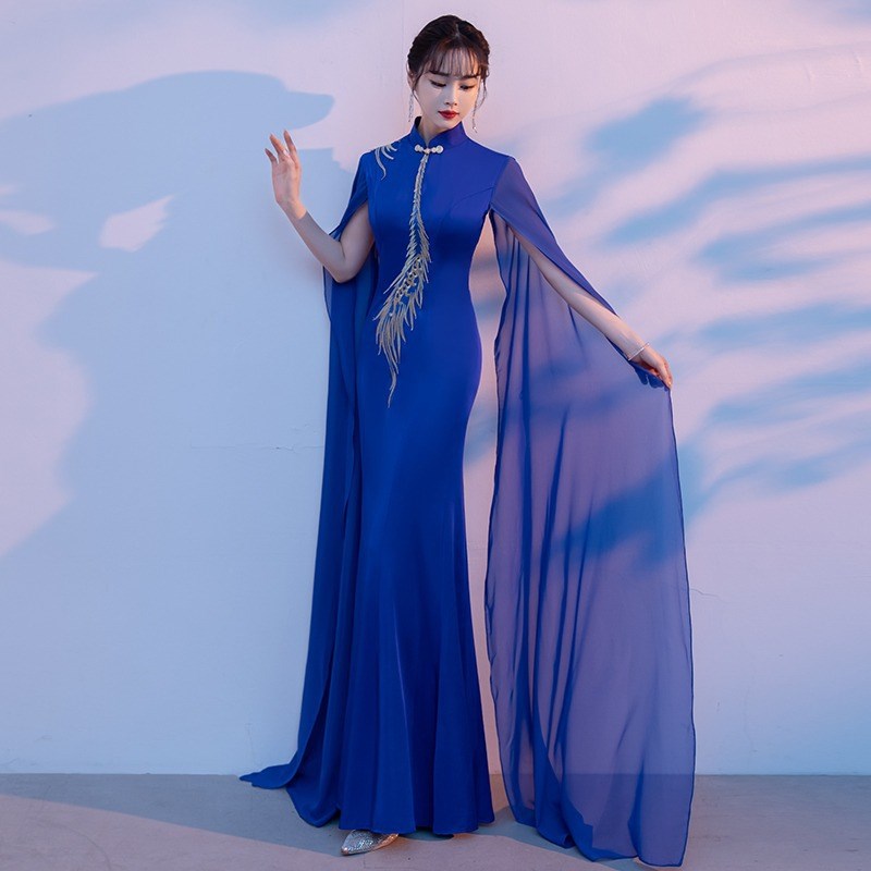 2024长款气质礼服裙女复古风走秀旗袍鱼尾水袖古筝舞台演出表演服