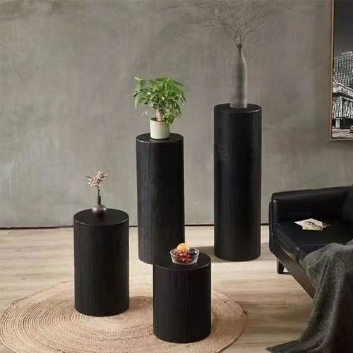 北欧侘寂风原木花架木墩圆形边几民宿实木复古碳化黑树墩花几摆件